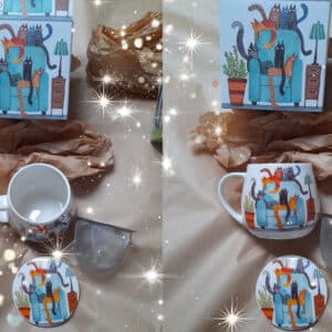 UPOMINEK PREZENT zestaw herbata ziołowa BUKIET DLA NEREK I STAWÓW + kubek z zaparzaczem KOTY NA FOTELU + GRATIS