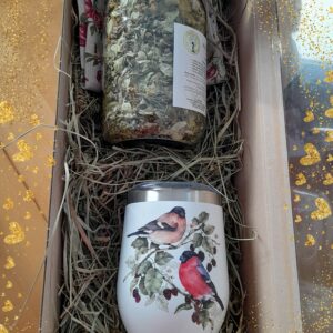 UPOMINEK PREZENT zestaw herbata ziołowa BUKIET DLA NEREK I STAWÓW + kubek termiczny ptaki gile + gratis